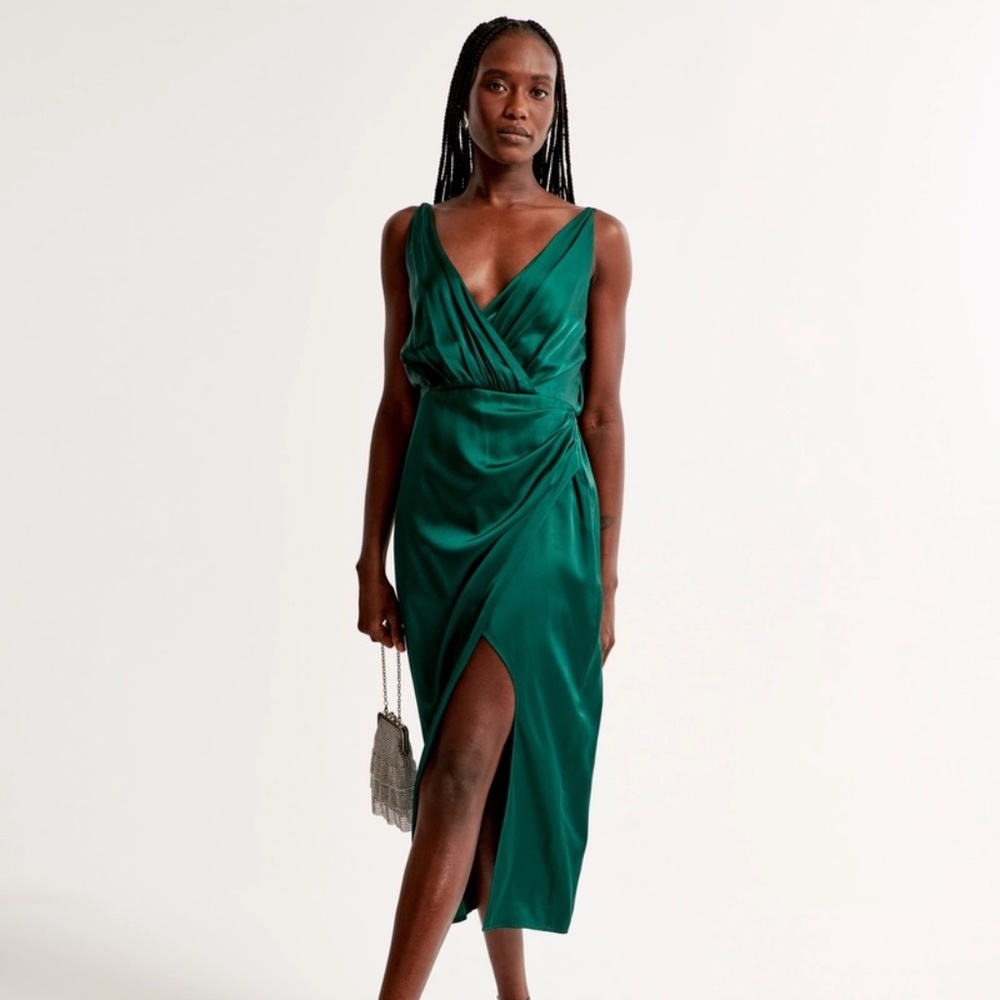Emerald Green Satin Draped Wrap Midi Dress